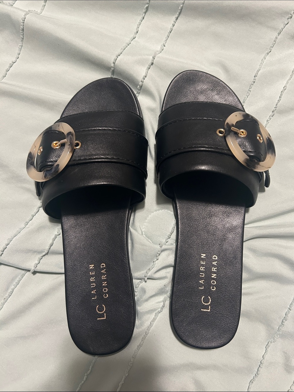 LC Lauren Conrad Black Slide Sandals with Tortoiseshell Accent Buckles